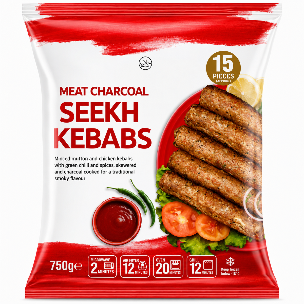 Frozen Halal Meat Charcoal Seekh Kebabs Pieces x15 (Brand May Vary)