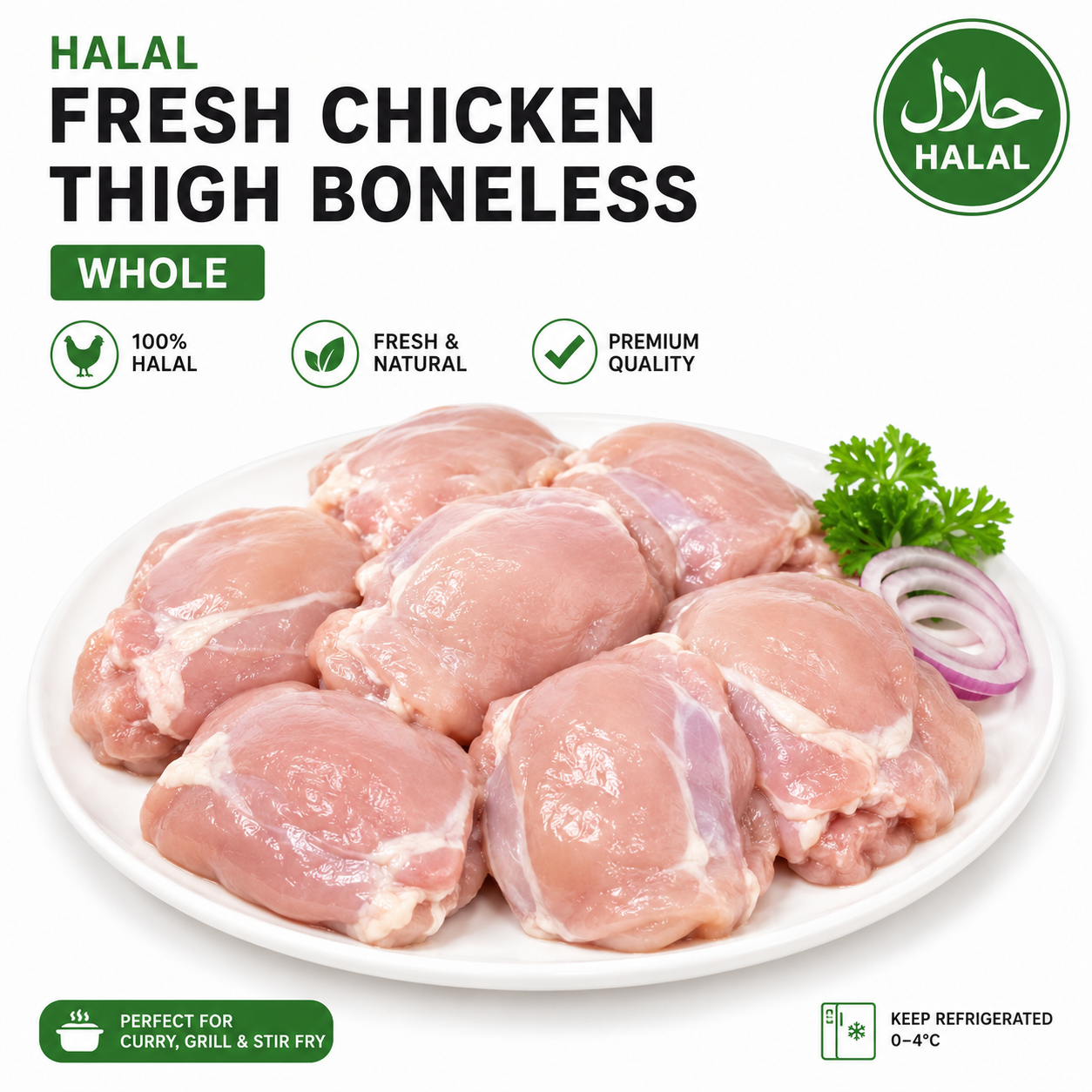 Halal Fresh Chicken Thigh Boneless (Whole)