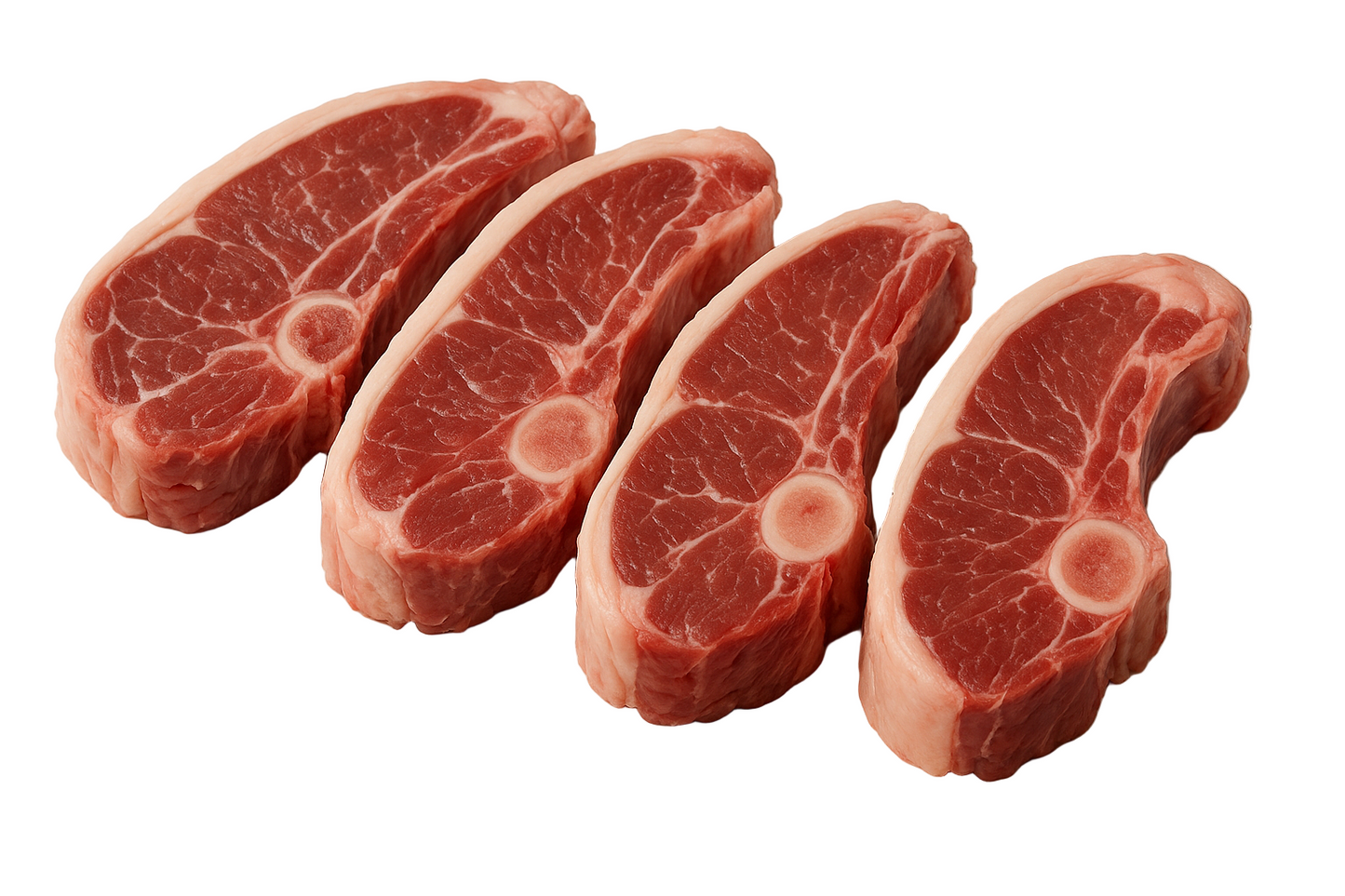 Four raw steak cuts on a white background