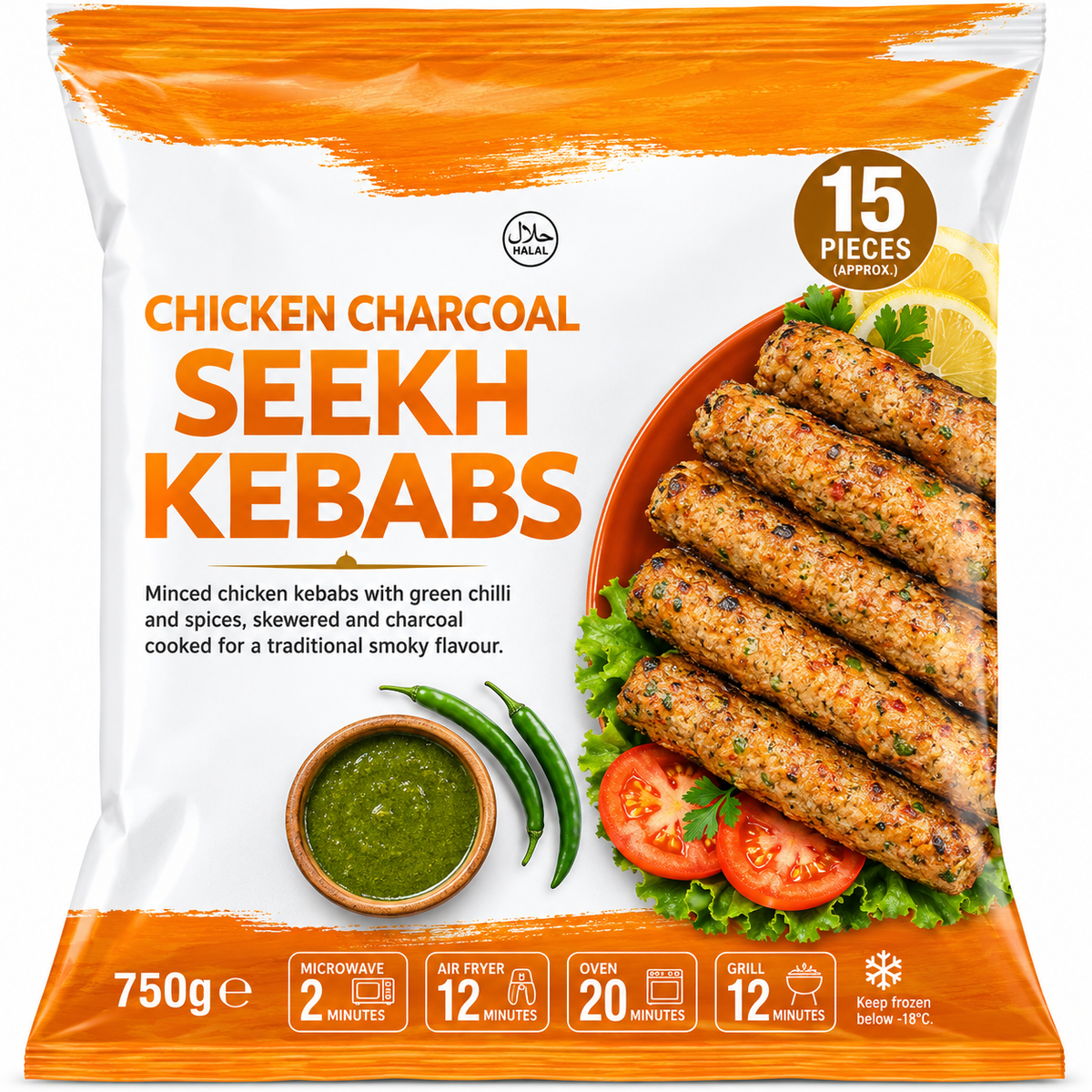 Frozen Halal Chicken Charcoal Seekh Kebabs Pieces x15 (Brand May Vary)