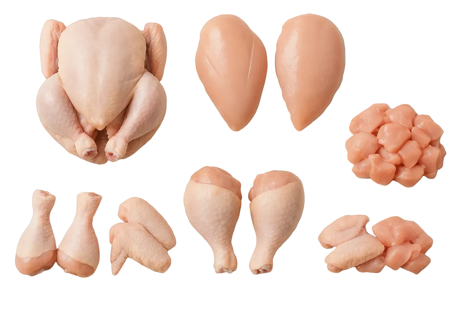 Various cuts of raw chicken on a white background