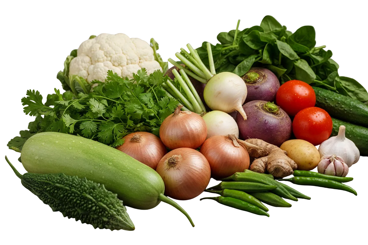 Make picture for Fresh Vegetables bitter melon, dudhi vegetable, onion, coriander bunch , Turnip , green chilli , ginger , garlic ,okra, Fresh Spinach Bunch , cauliflower , potatoes, tomatoes, cucumber 
