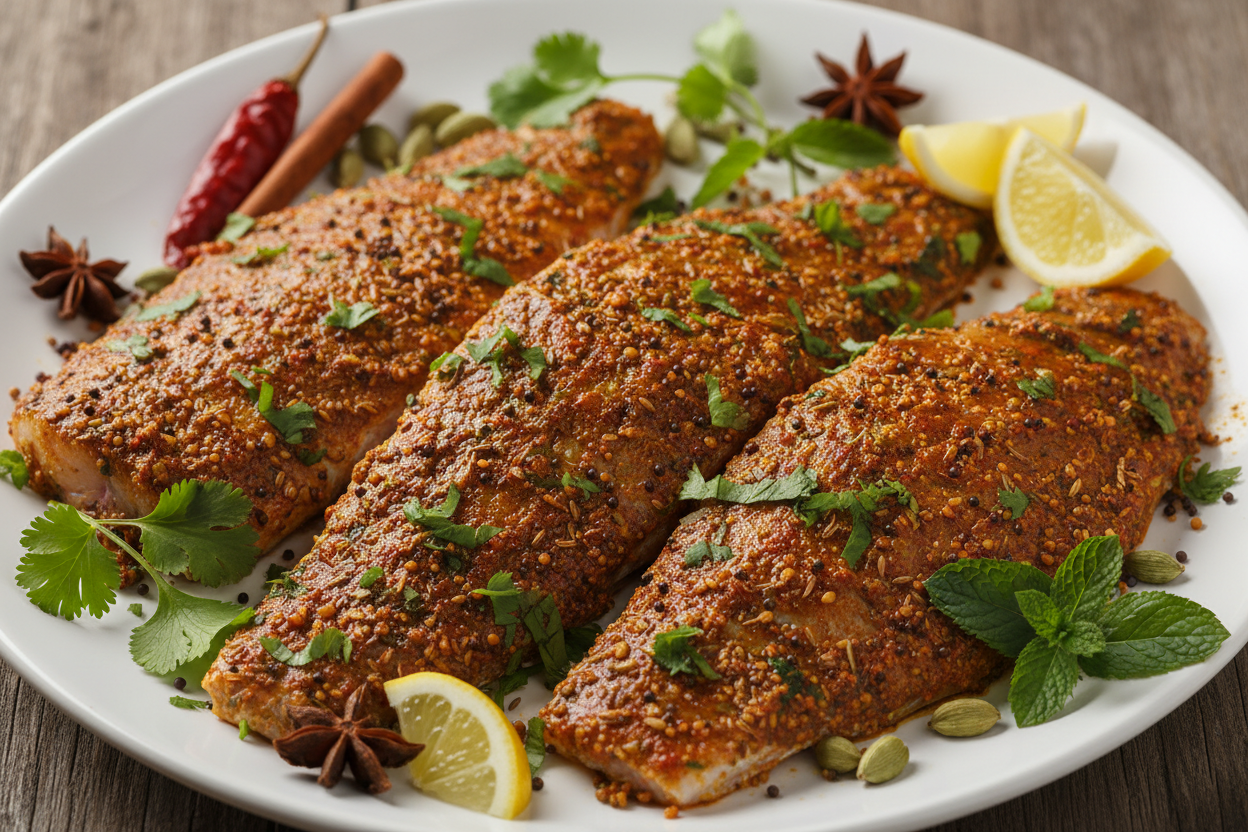 make picture for marinade Fresh Masala Fish make look fresh